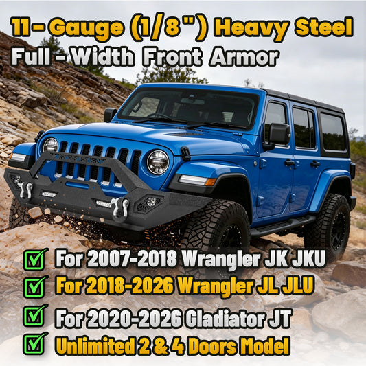 Jeep Wrangler JK/JL 07-26 & Gladiator JT Front Bumper|Direct Bolt-On, No Drill, Off-Road Adventure Armor, Light Bar & D-Rings