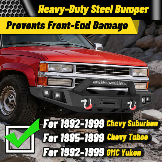 Chevy Suburban 92-99 / Yukon 92-99 / Tahoe 95-99 Front Bumper|Bolt-On, No Drilling, Heavy Duty Steel Work Armor, LED Lights & D-Rings