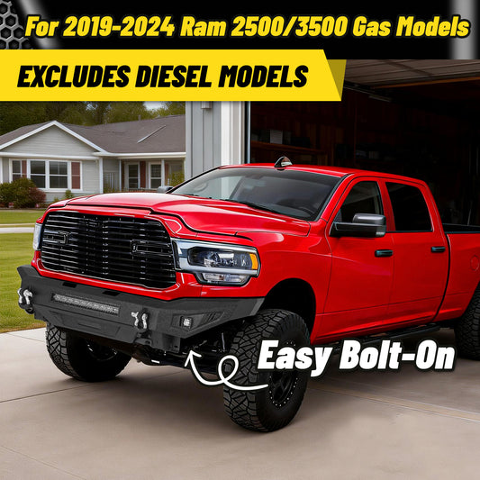 Dodge Ram 2500 19-24 Front Bumper|Direct Bolt-On, No Drill, Work Truck & Off-Road Protection, LED Light Bar & Fog Lights