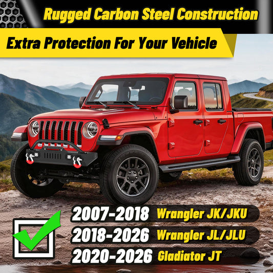 Jeep Wrangler JK/JL 07-26 & Gladiator JT Front Bumper|Direct Bolt-On, No Drill, Overland & Off-Road Defense, Dual D-rings