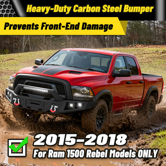 Ram 1500 Rebel 15-18 Front Bumper|Bolt-On, No Drilling, Off-Road Armor, LED Light Bar & D-Rings