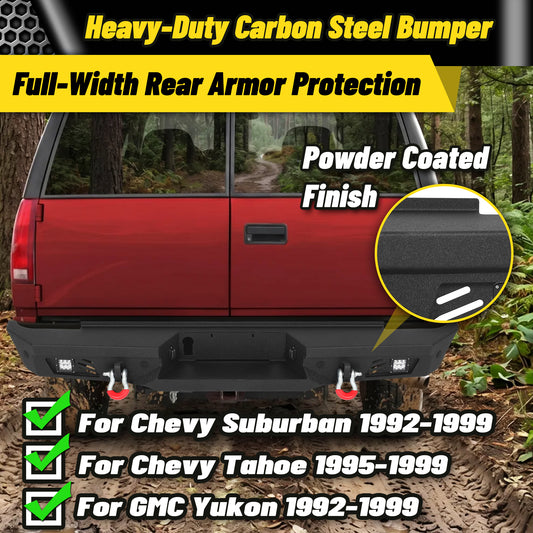 Chevy Suburban 92-99 / Yukon 92-99 / Tahoe 95-99 Rear Bumper|Bolt-On, No Drilling, Sensor Holes & Rear Step Plate