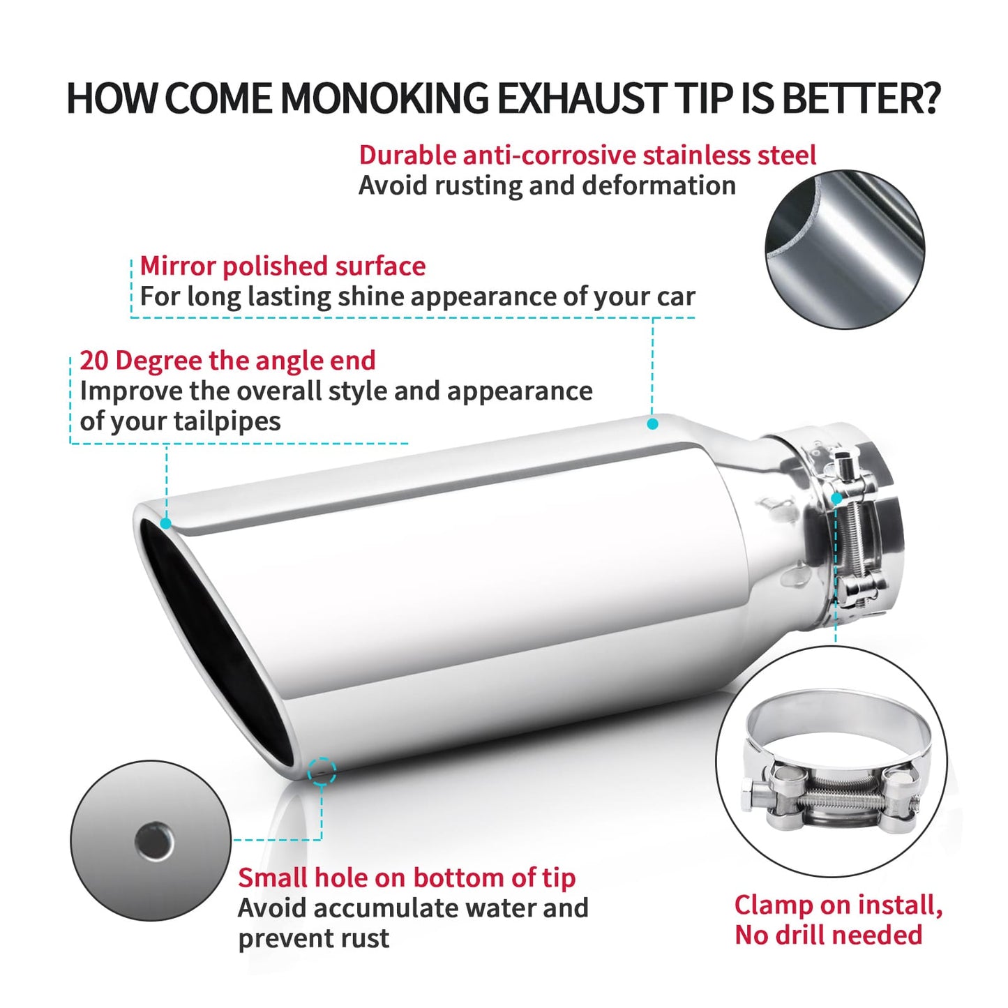 3" x 5" x 12" silver exhaust tip showing installation method and tips for trucks, cars, and SUVs.