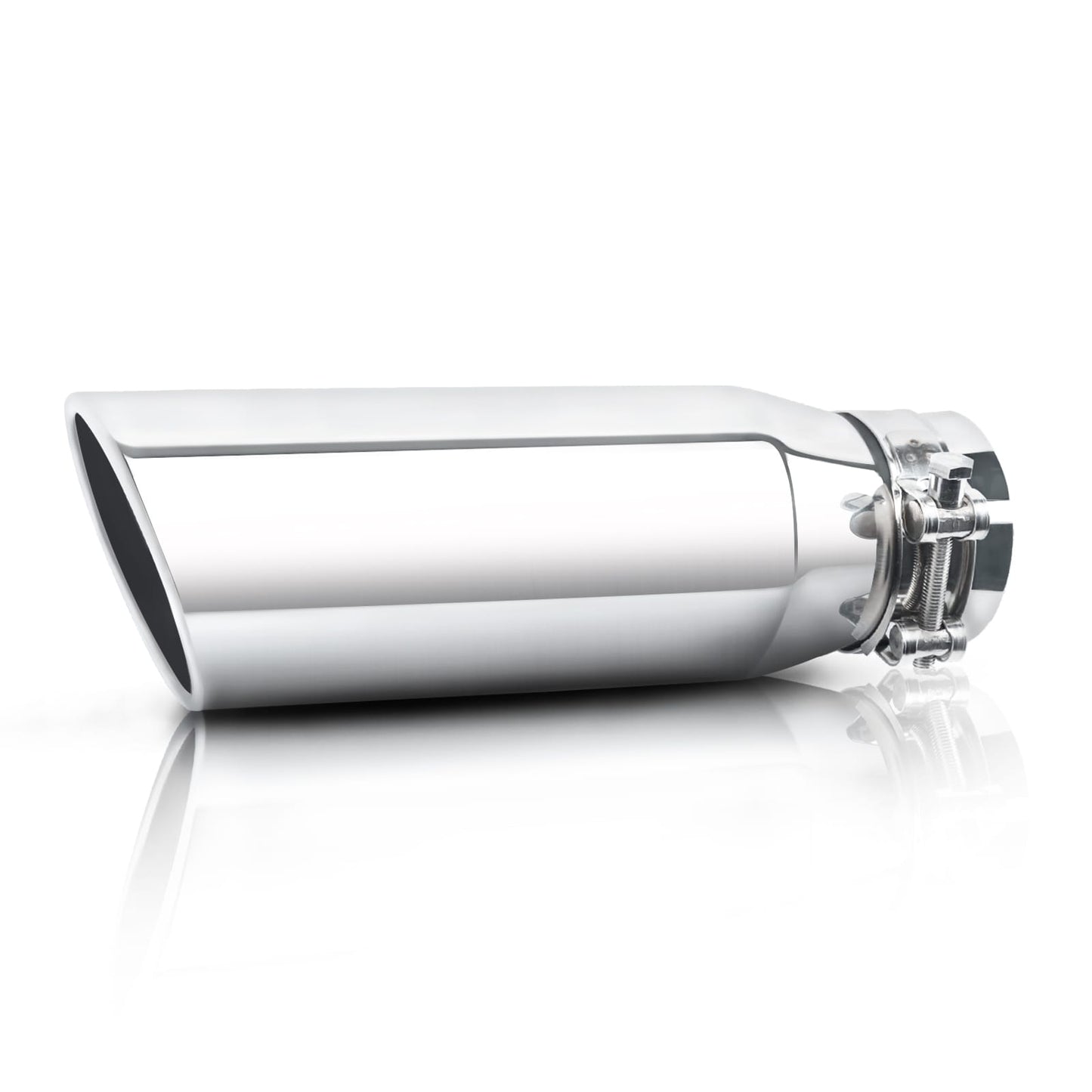 Silver exhaust tip 3" inlet 4" outlet 12" shown front view on white background for clear display.