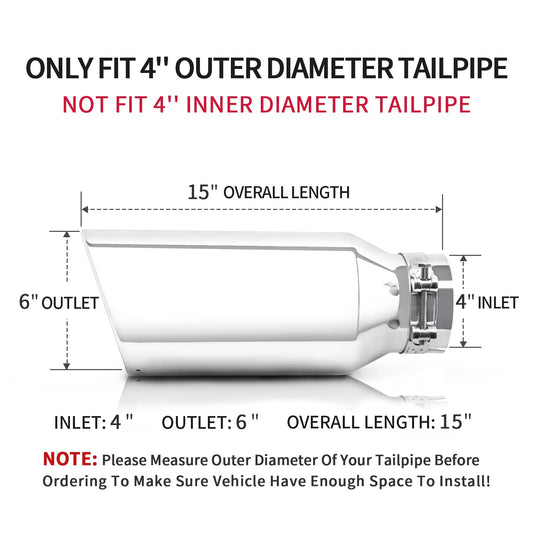 MONOKING Exhaust Tip 4" Inlet 6" Outlet 15" Overall Length Clamp-On Universal