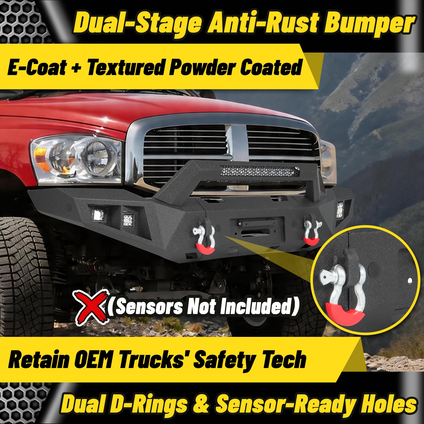 Dodge Ram 1500 06-08 (Excl. Mega Cab) Front Bumper| Bolt-On, No Drilling,Heavy Duty Steel Work Armor, LED Light Bar & D-Rings