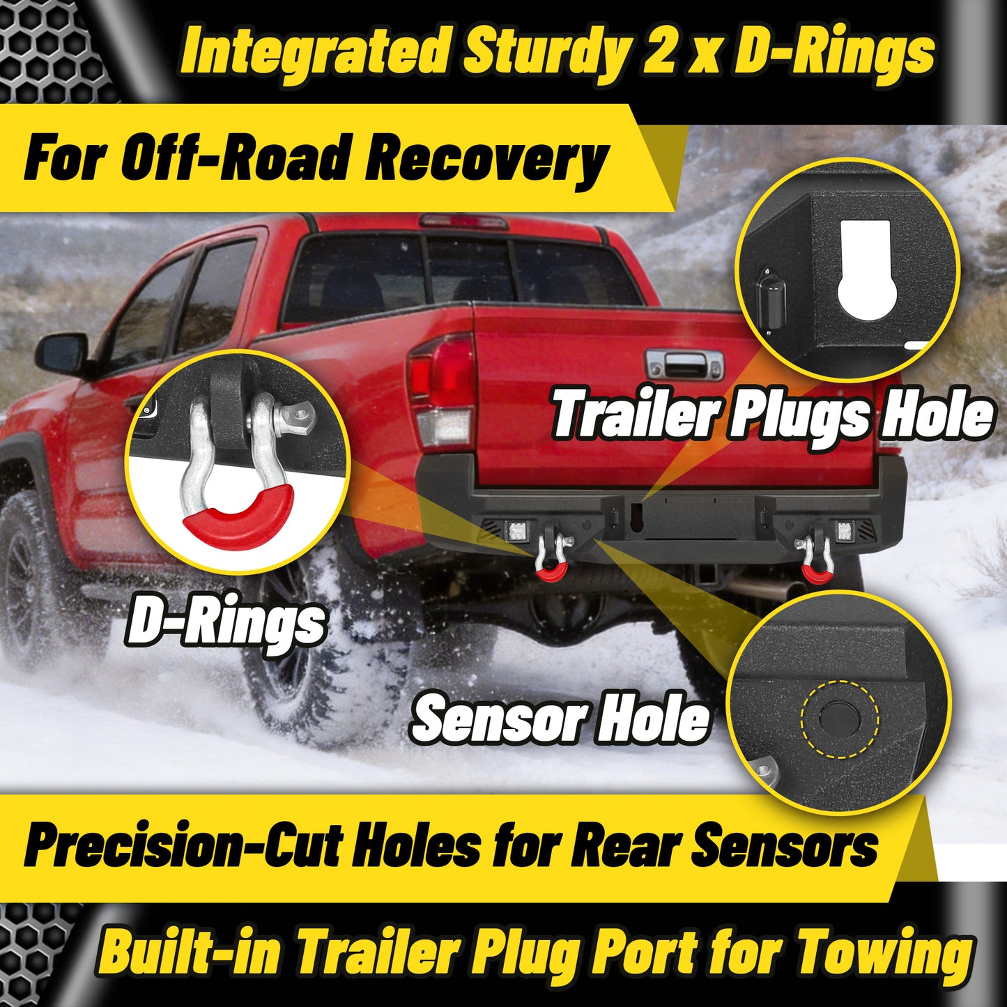 Toyota Tacoma 3rd Gen 2016-2023 Rear Bumper|Direct Bolt-On, No Drill, Carbon Steel Overland Armor, Step Plate & D-Rings