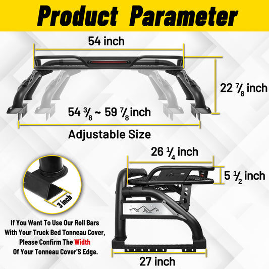 Truck Bed Roll Bar with Detachable Cargo Basket For Mid-Size Truck