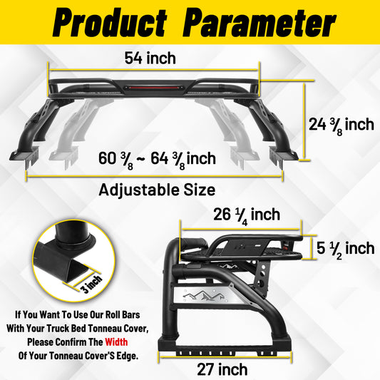 Truck Bed Roll Bar with Detachable Cargo Basket For Full-Size Truck