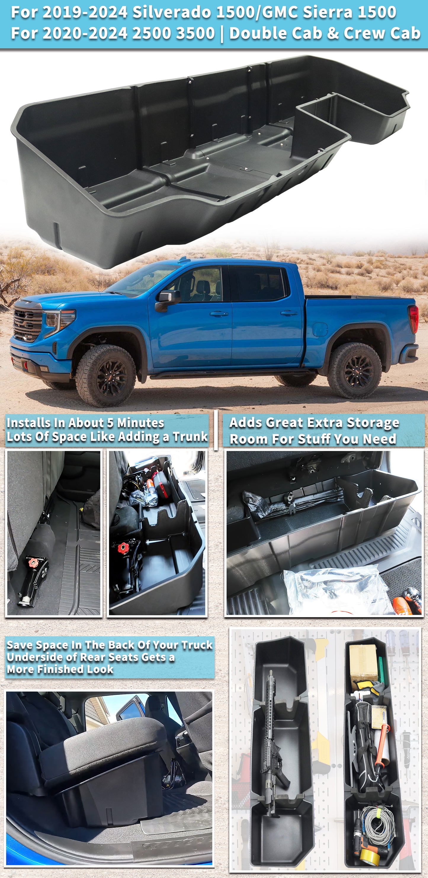 For 2019-2024 Silverado 1500 Sierra 1500 | 2020-2024 2500 HD 3500 HD Double Cab & Crew Cab Organizer Storage Bin