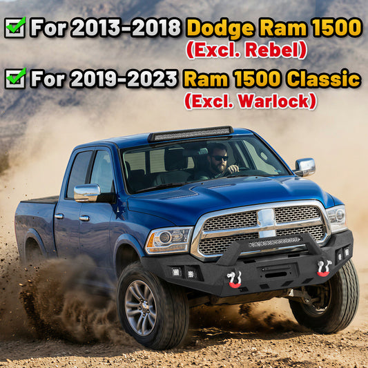 Ram 1500 13-18 & 19-23 Classic Front Bumper|Direct Bolt-On, No Drill, Full Width Trail Defense, Winch Plate & Recovery D-Rings