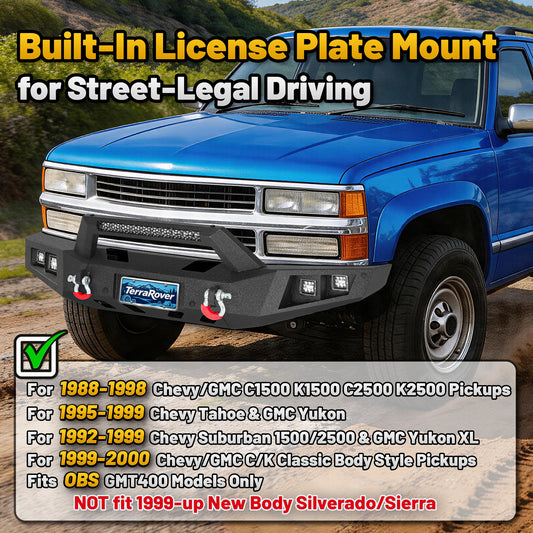 Chevy Suburban 92-99 / Yukon 92-99 / Tahoe 95-99 Front Bumper|Bolt-On, No Drilling, Heavy Duty Steel Work Armor, LED Lights & D-Rings