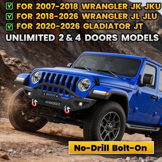 Jeep Wrangler JK, JL & Gladiator JT Front Bumper|Direct Bolt-On, No Drill, Off-Road Adventure Armor, Stainless Steel Skid Plate & Dual D-rings