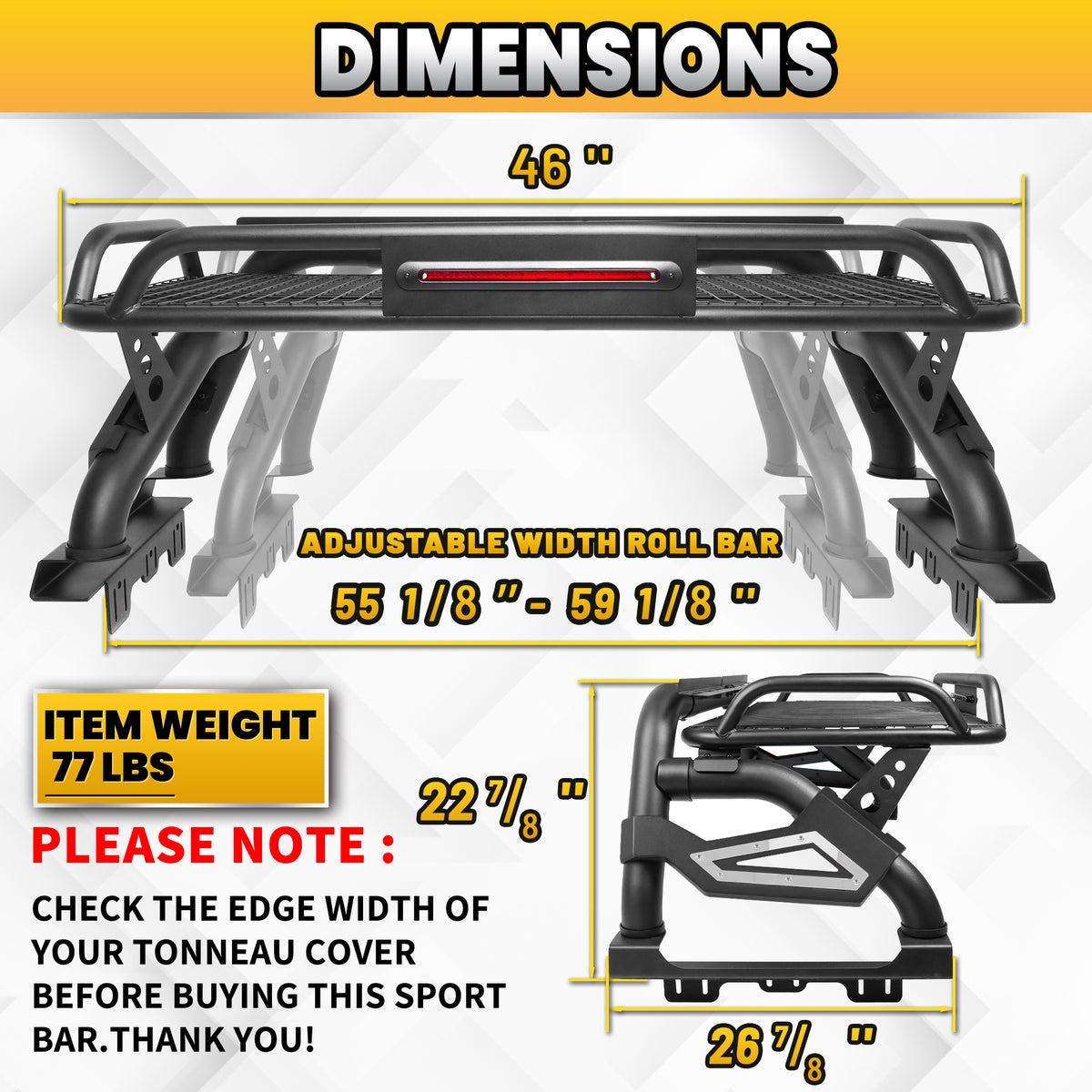 Roll Bar with Cargo Basket, LED Brake Light & Light Rack for Mid-Size Truck