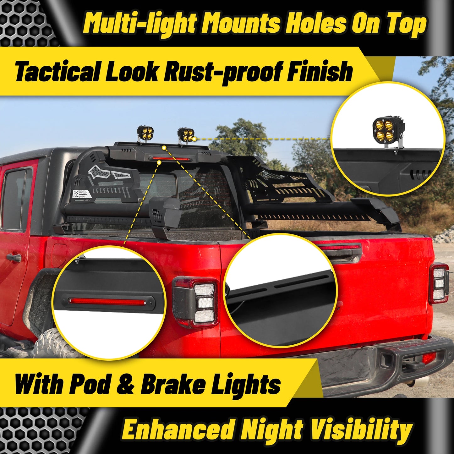 Heavy Duty Roll Bar with 3rd Brake Light for Mid-Size Truck