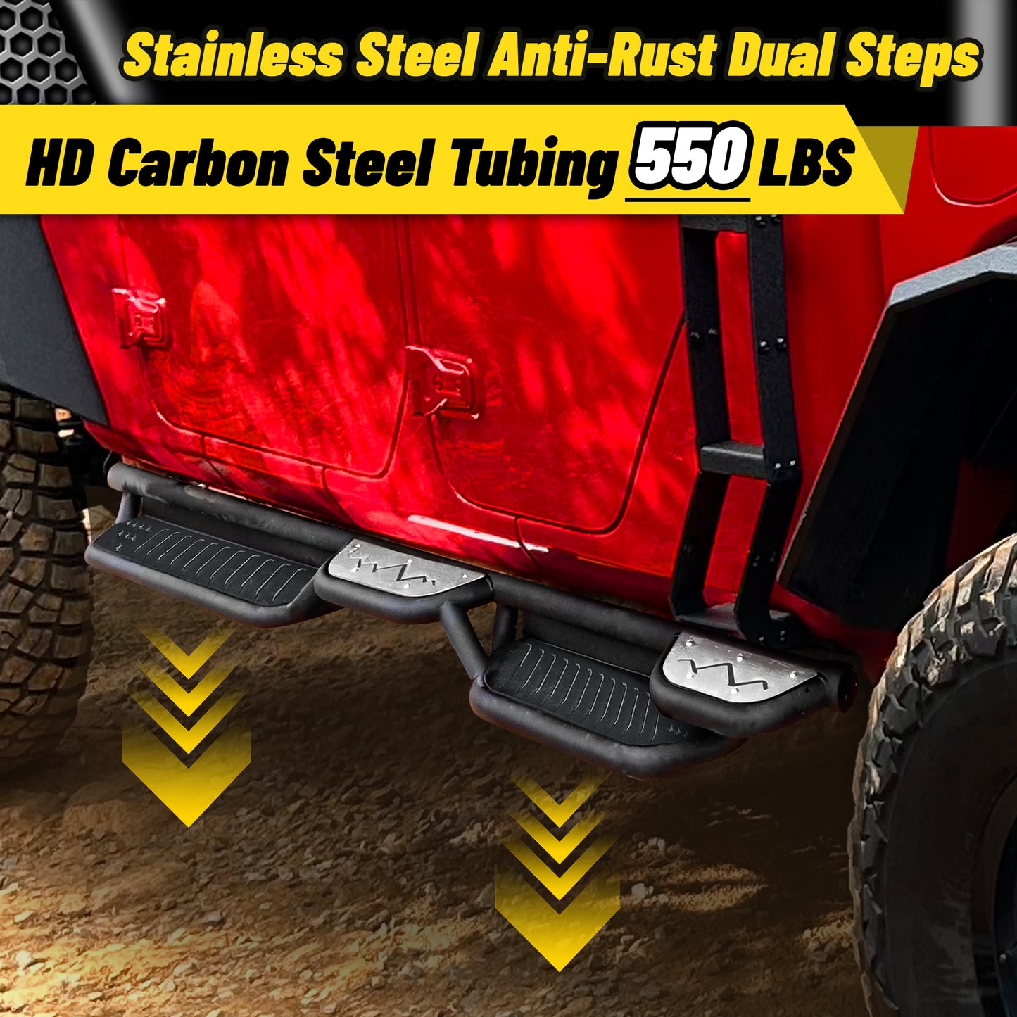 Running boards designed for safety and up to 550 lbs weight capacity