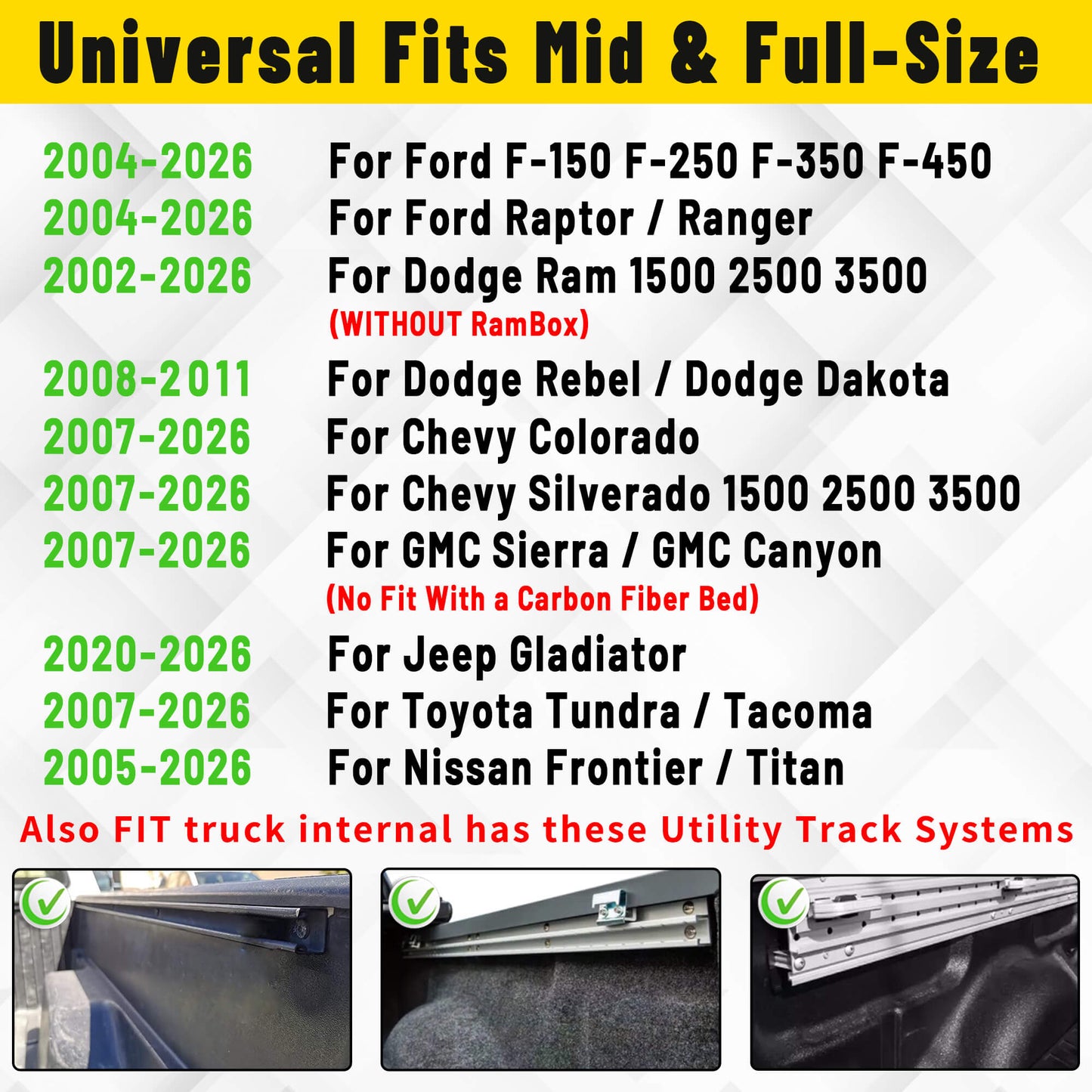 Steel truck bed rack compatible with various truck models and years for versatile installation.