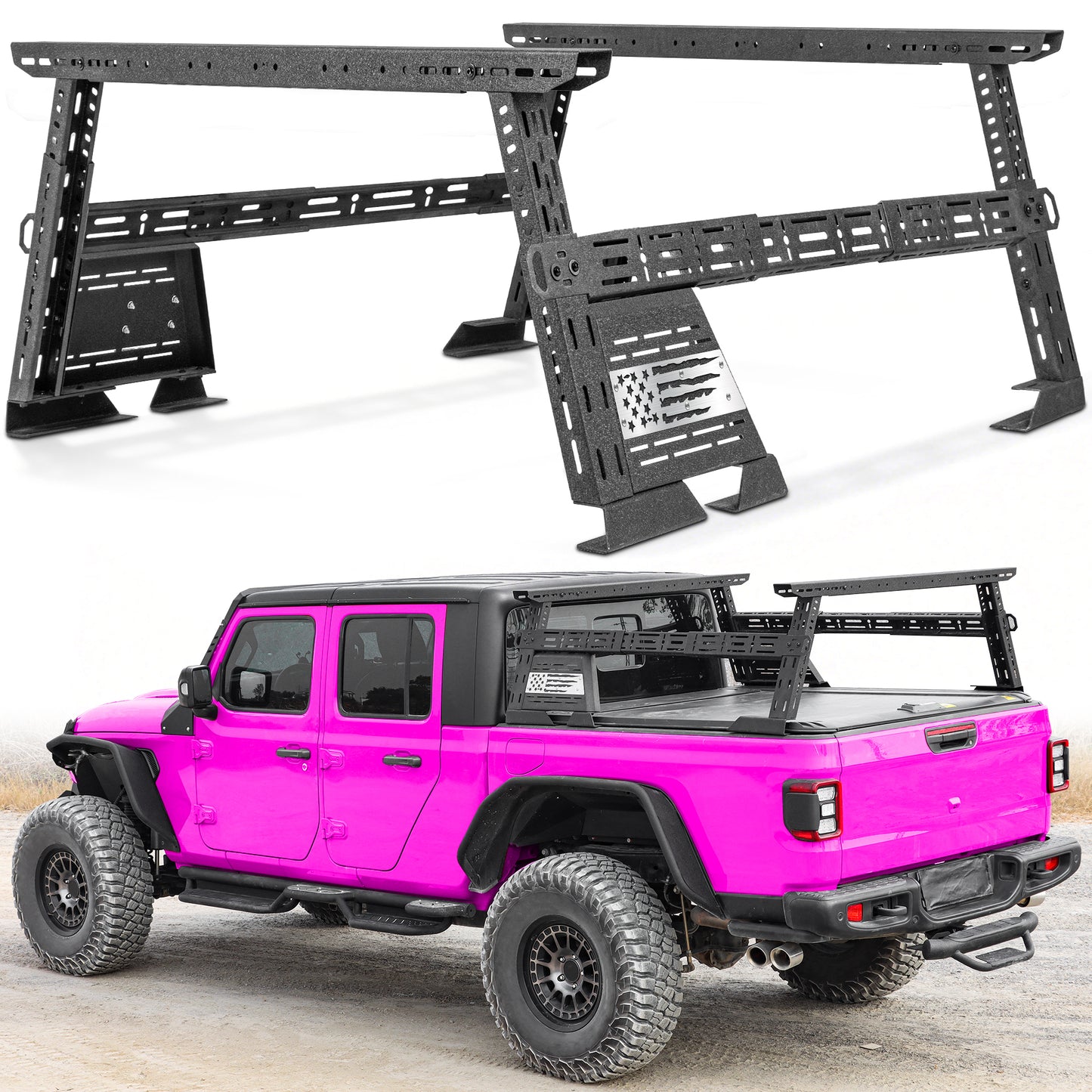 Truck bed rack with US flag, perfect for summer camping and carrying gear outdoors.