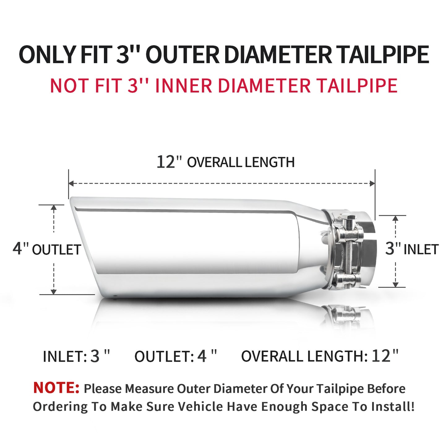 3" Inlet 4" Outlet 12" Overall Length，Clamp-On Design Universal