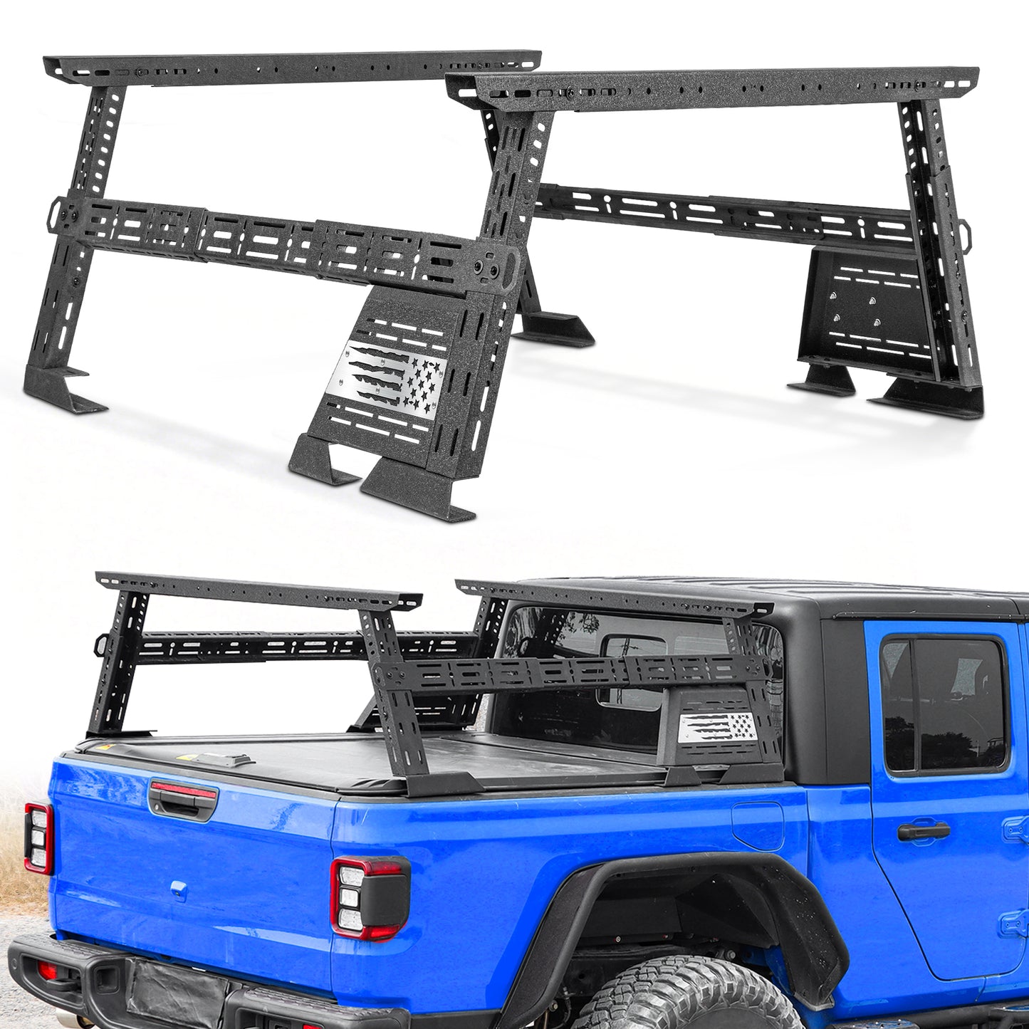 MONOKING 16-25" Mid Height Bed Rack with Sidebars USA Flag for Jeep Gladiator