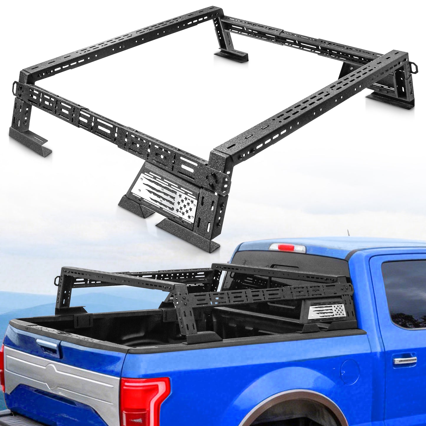 14'' ~ 17'' Low Profile Truck Bed Racks with USA Flag Design & 2 Crossbars for Chevy / GMC  Silverado /  Colorado / Sierra / Canyon