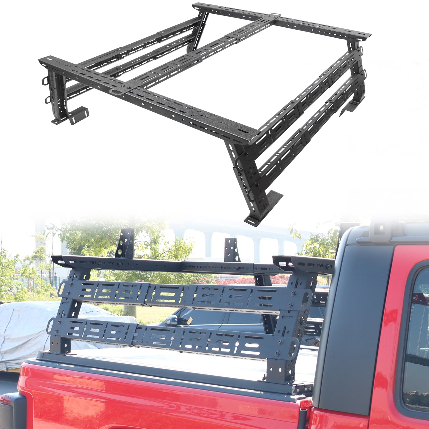 1100 Load Capacity for Tacoma Tundra Truck Bed Racks Mid Height, MONOKING Adjustable 16"~25" High Truck Racks Compatible for Toyota Tacoma Tundra Transport Rack for Kayaks Bikes Rooftop Tent