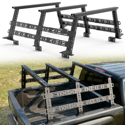 Adjustable 16-25 inch overland truck bed rack for carrying rooftop tents, kayaks, and outdoor gear.