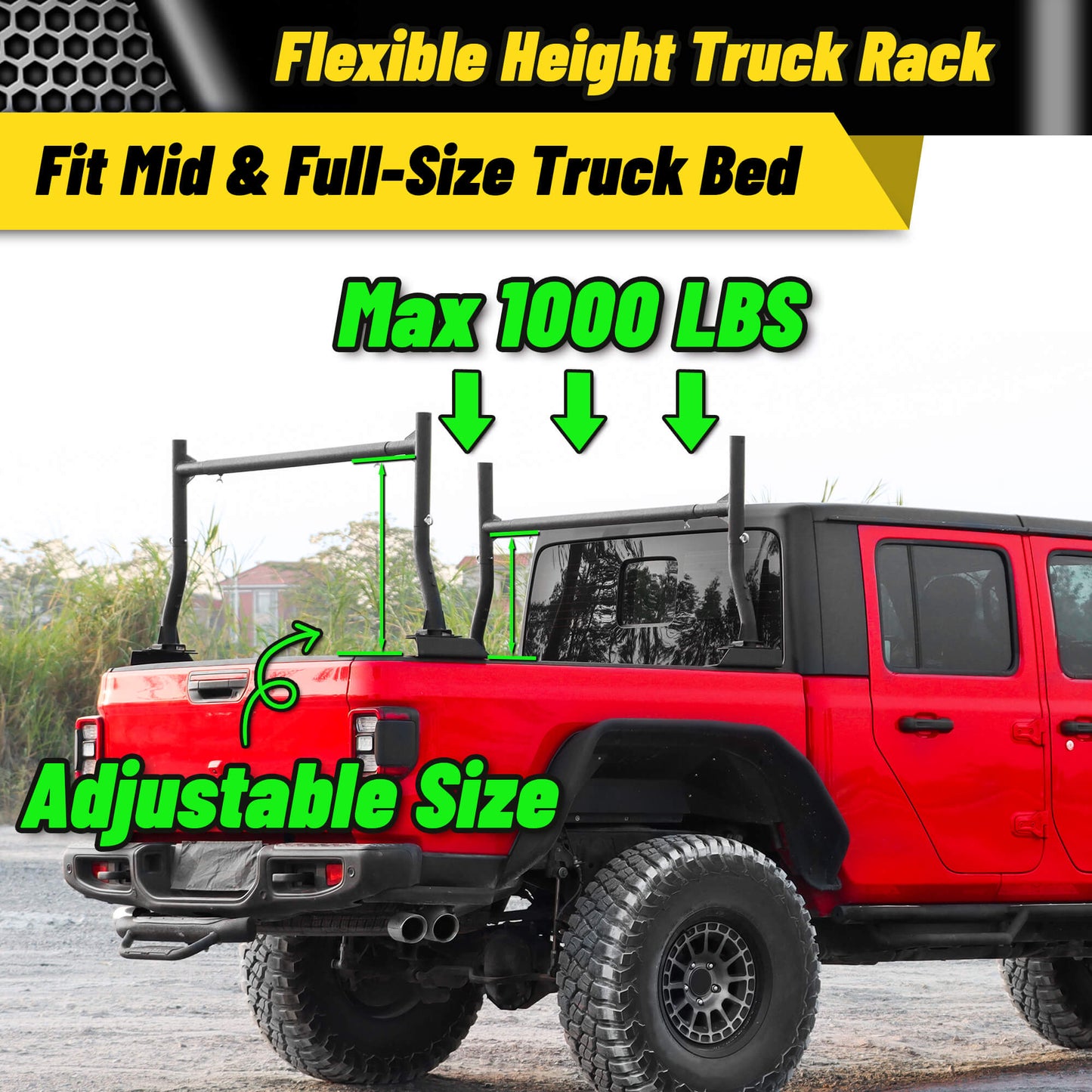 Universal 18 to 26 inch round tube steel truck bed rack with adjustable height and width, supporting up to 1000 pounds.