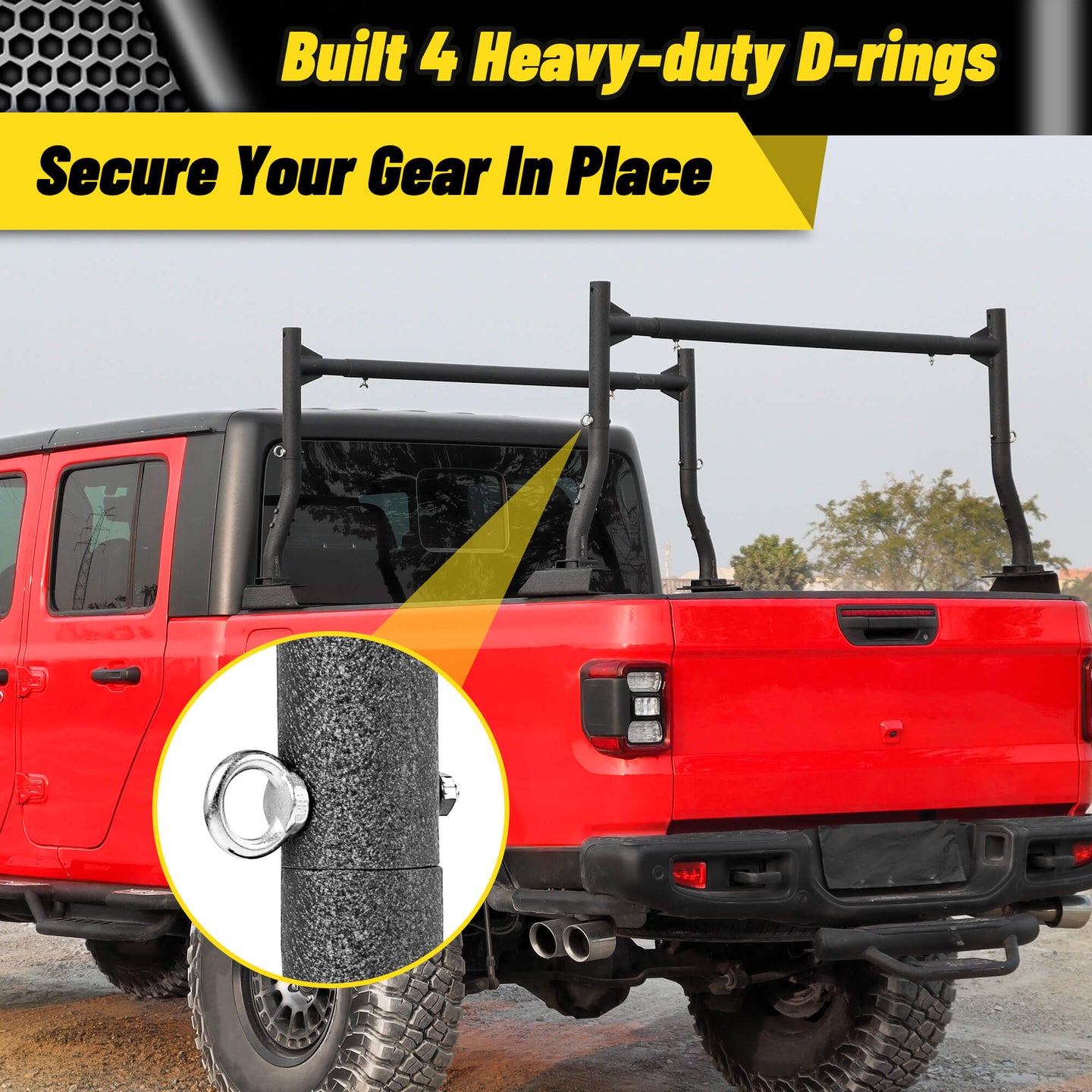 Universal 18 to 26 inch round tube steel truck bed rack with four heavy-duty D-rings for secure cargo tie-downs.