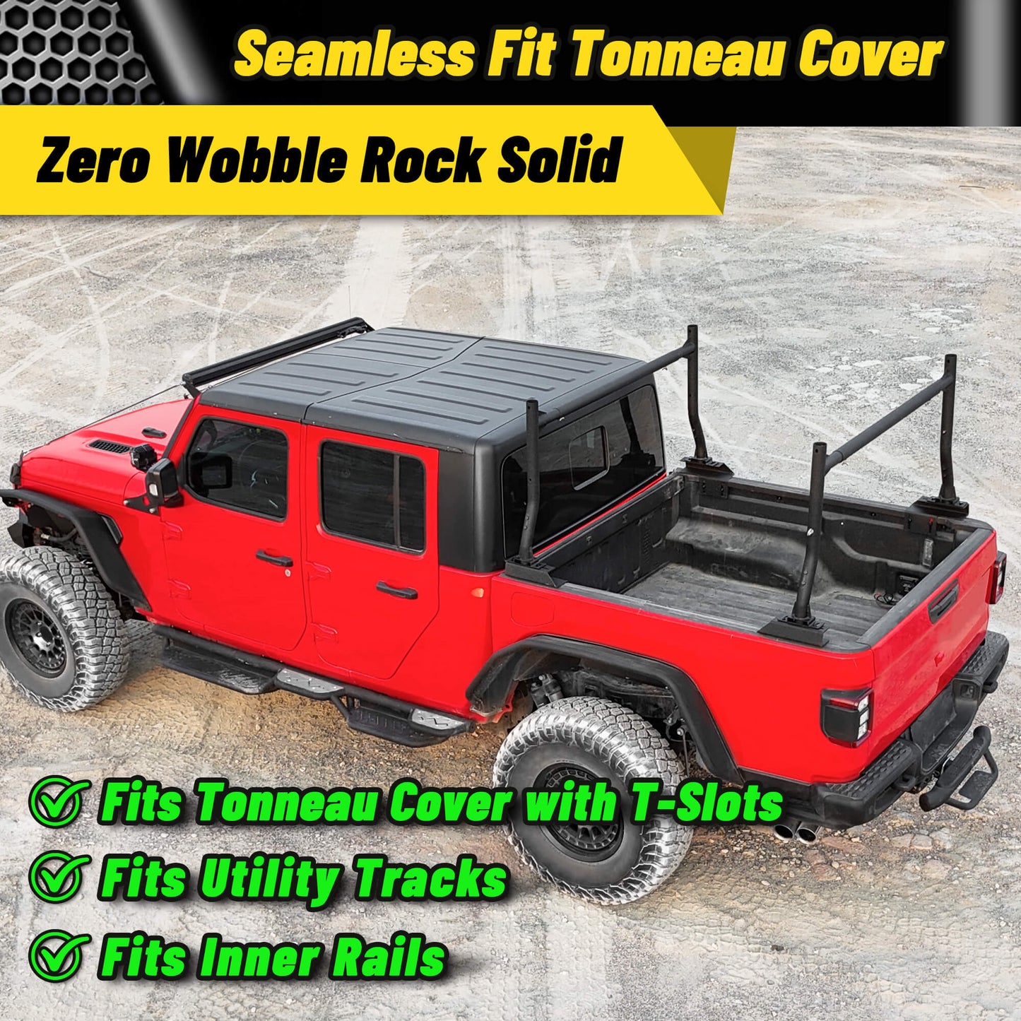 18 to 26 inch round tube steel truck bed rack showing compatible truck models and effortless driving with zero load impact.