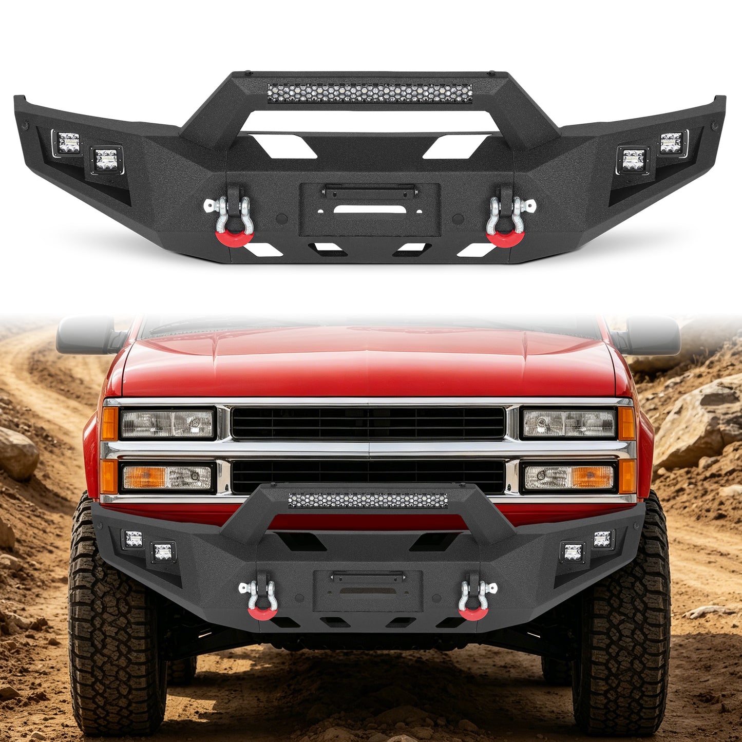 Chevy Suburban 92-99 / Yukon 92-99 / Tahoe 95-99 Front Bumper|Bolt-On, No Drilling, Heavy Duty Steel Work Armor, LED Lights & D-Rings