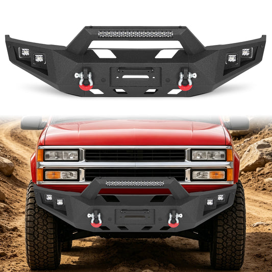 Chevy Suburban 92-99 / Yukon 92-99 / Tahoe 95-99 Front Bumper|Bolt-On, No Drilling, Heavy Duty Steel Work Armor, LED Lights & D-Rings