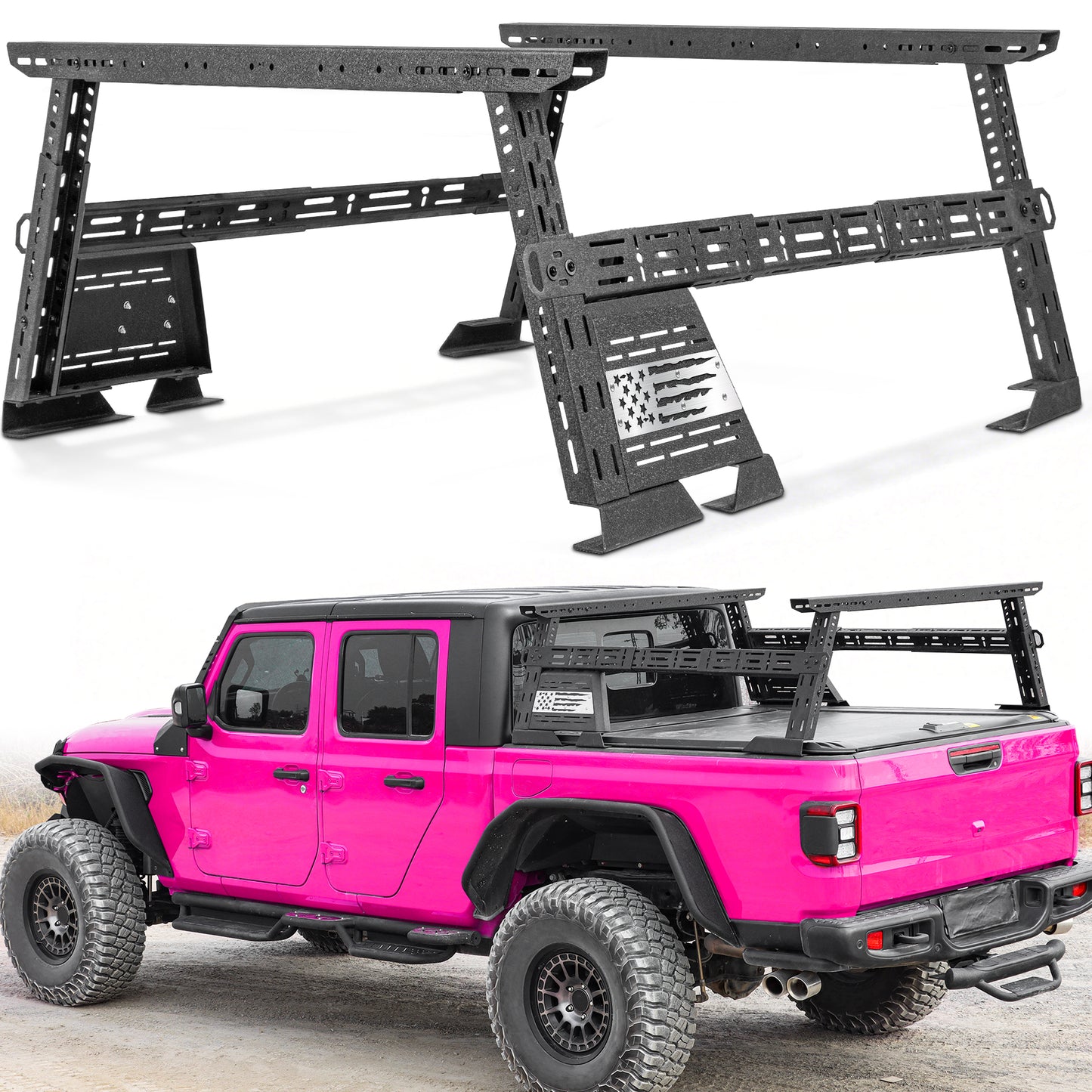 MONOKING 16-25" Mid Height Bed Rack with Sidebars USA Flag for Jeep Gladiator