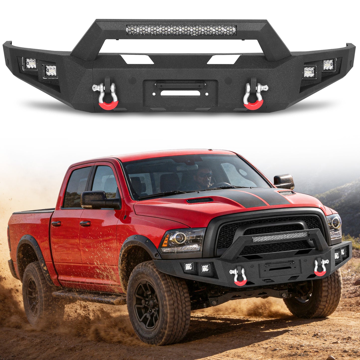 Ram 1500 Rebel 15-18 Front Bumper|Bolt-On, No Drilling, Off-Road Armor, LED Light Bar & D-Rings
