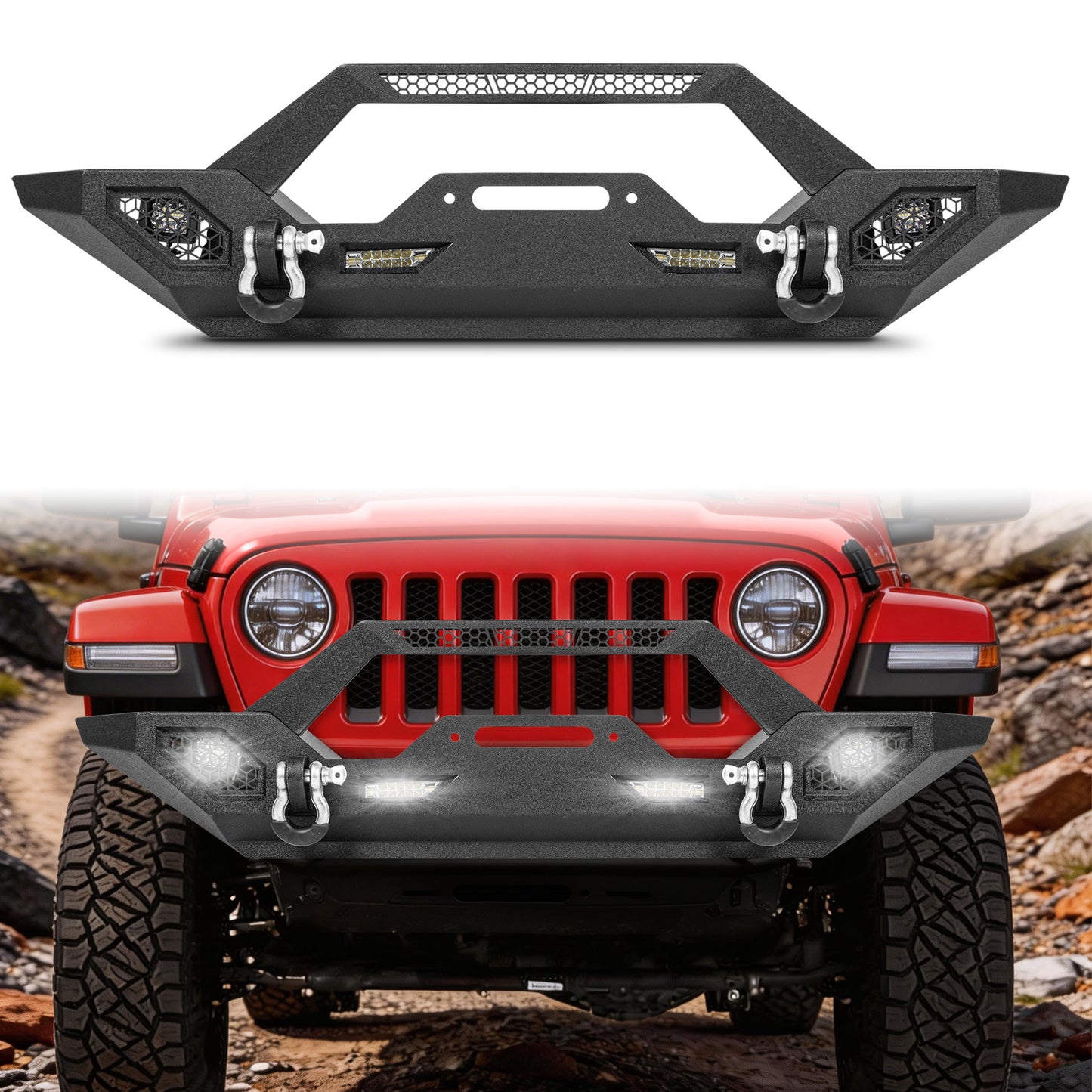 Jeep Wrangler JK/JL 07-26 & Gladiator JT Front Bumper|Direct Bolt-On, No Drill, Off-Road Adventure Armor, Light Bar & D-Rings