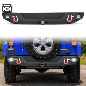 compare product Jeep Wrangler JK/JKU 07-18 Rear Bumper|Direct Bolt-On, No Drill, Trail Protection & Recovery, LED Lights & D-Rings