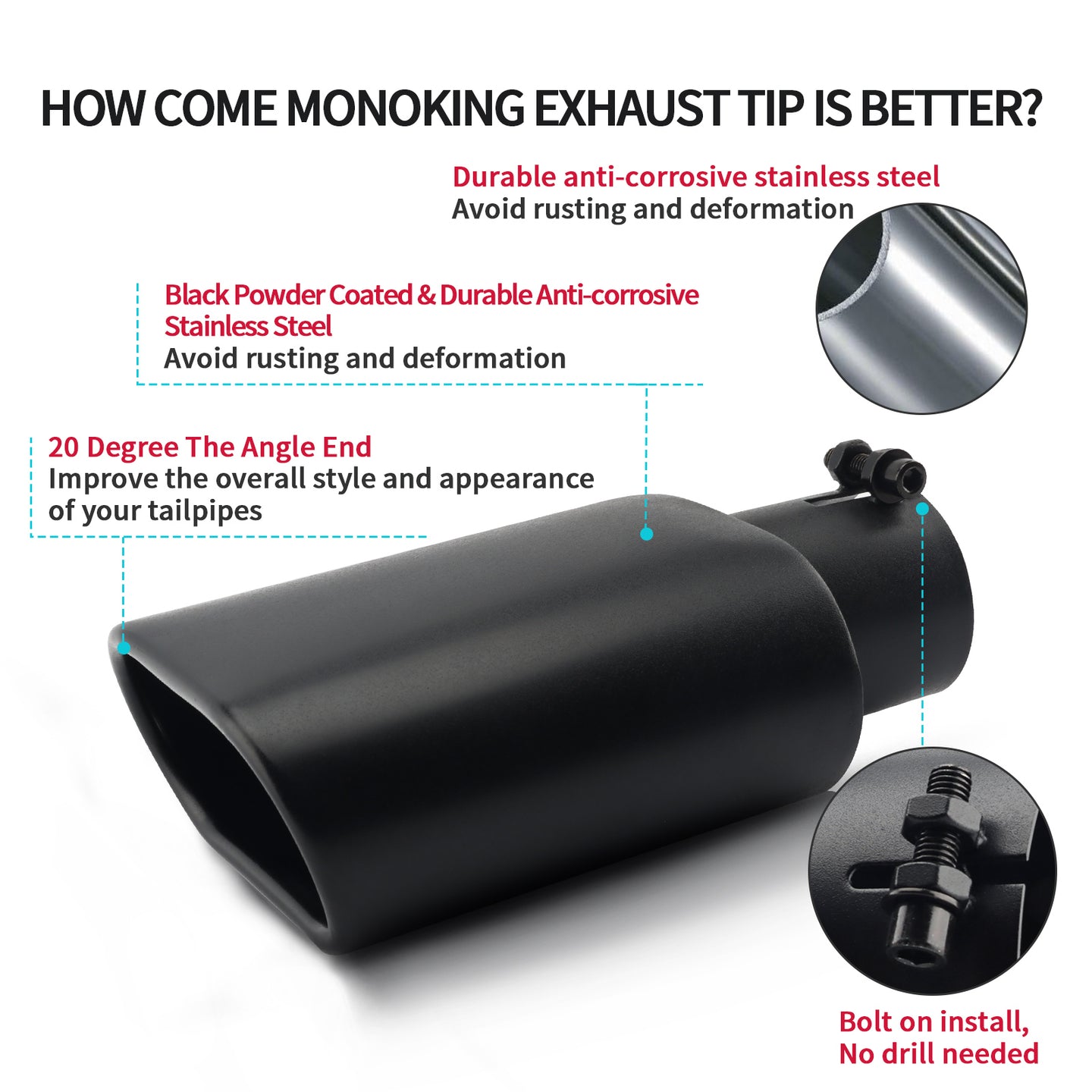 Easy bolt-on installation guide for 2.5x5.5x3 black exhaust tip.