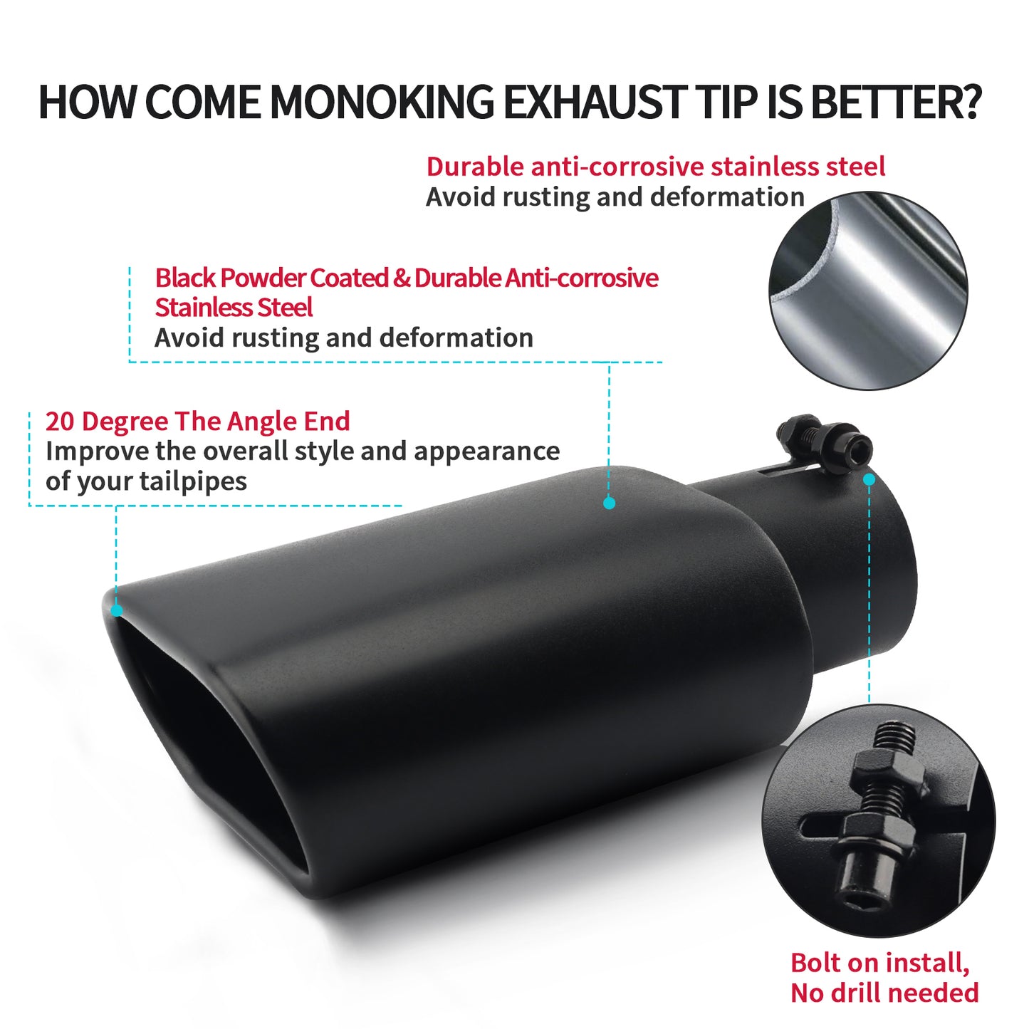 Easy bolt-on installation guide for 2.5x5.5x3 black exhaust tip.