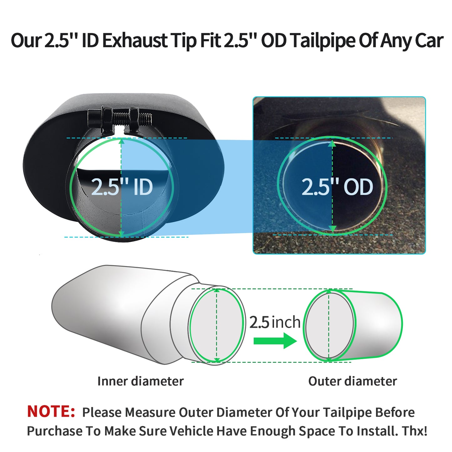 Black exhaust tip: 2.5" ID inlet specifically designed for 2.5" OD exhaust pipes.