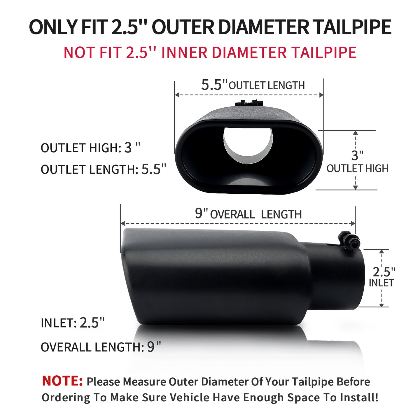 2.5-inch inlet and 3-inch outlet exhaust tip dimension display for universal fit.
