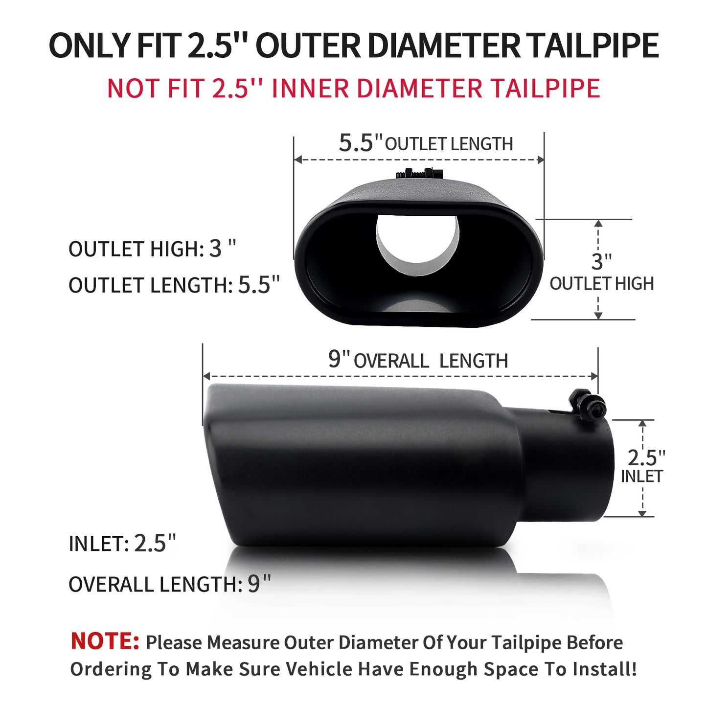 2.5-inch inlet and 3-inch outlet exhaust tip dimension display for universal fit.