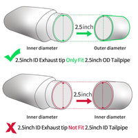 Compatibility guide for 2.5-inch inlet and 3-inch outlet black exhaust tip.