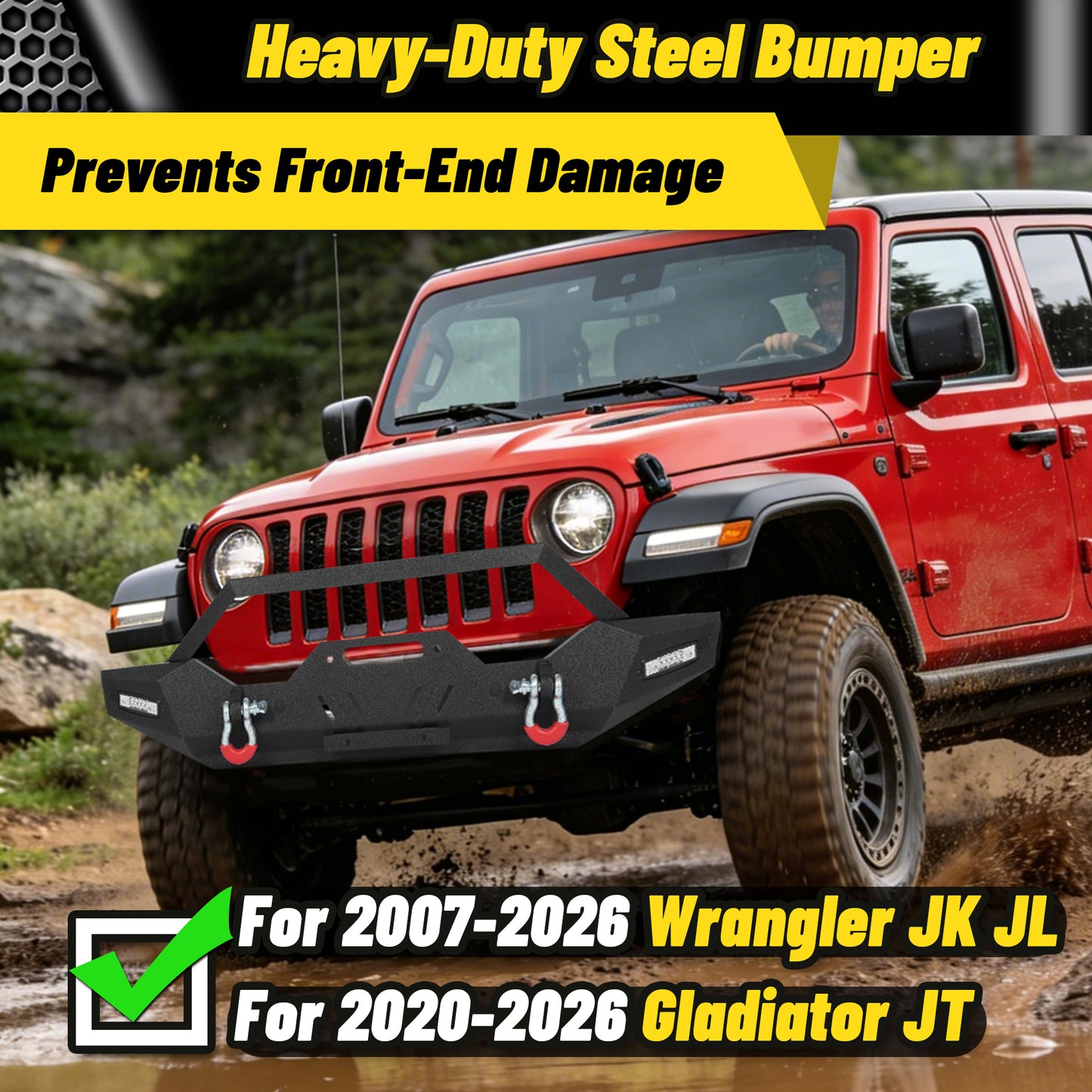 Jeep Wrangler JK JL 07-26 & Gladiator JT 20-26 Front Bumper| Bolt-On, No Drilling, Dual D-Rings