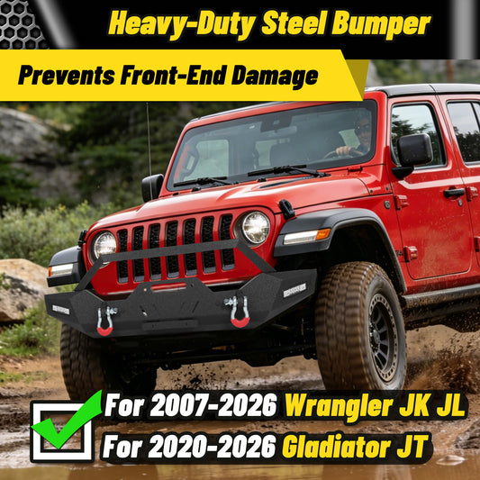 Jeep Wrangler JK JL 07-26 & Gladiator JT 20-26 Front Bumper| Bolt-On, No Drilling, Dual D-Rings