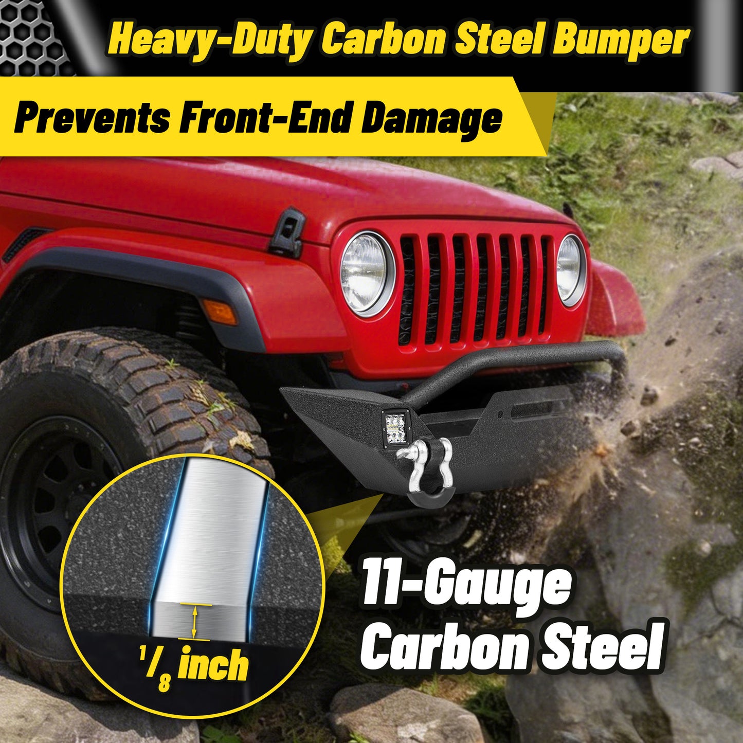 Jeep Wrangler TJ/YJ 87-06 Front Bumper|Direct Bolt-On, No Drill, Off-Road Adventure Armor, Light Bar & D-Rings