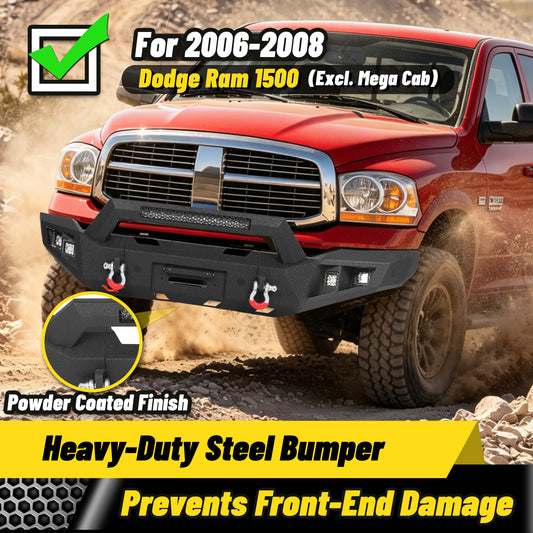 Dodge Ram 1500 06-08 (Excl. Mega Cab) Front Bumper| Bolt-On, No Drilling,Heavy Duty Steel Work Armor, LED Light Bar & D-Rings