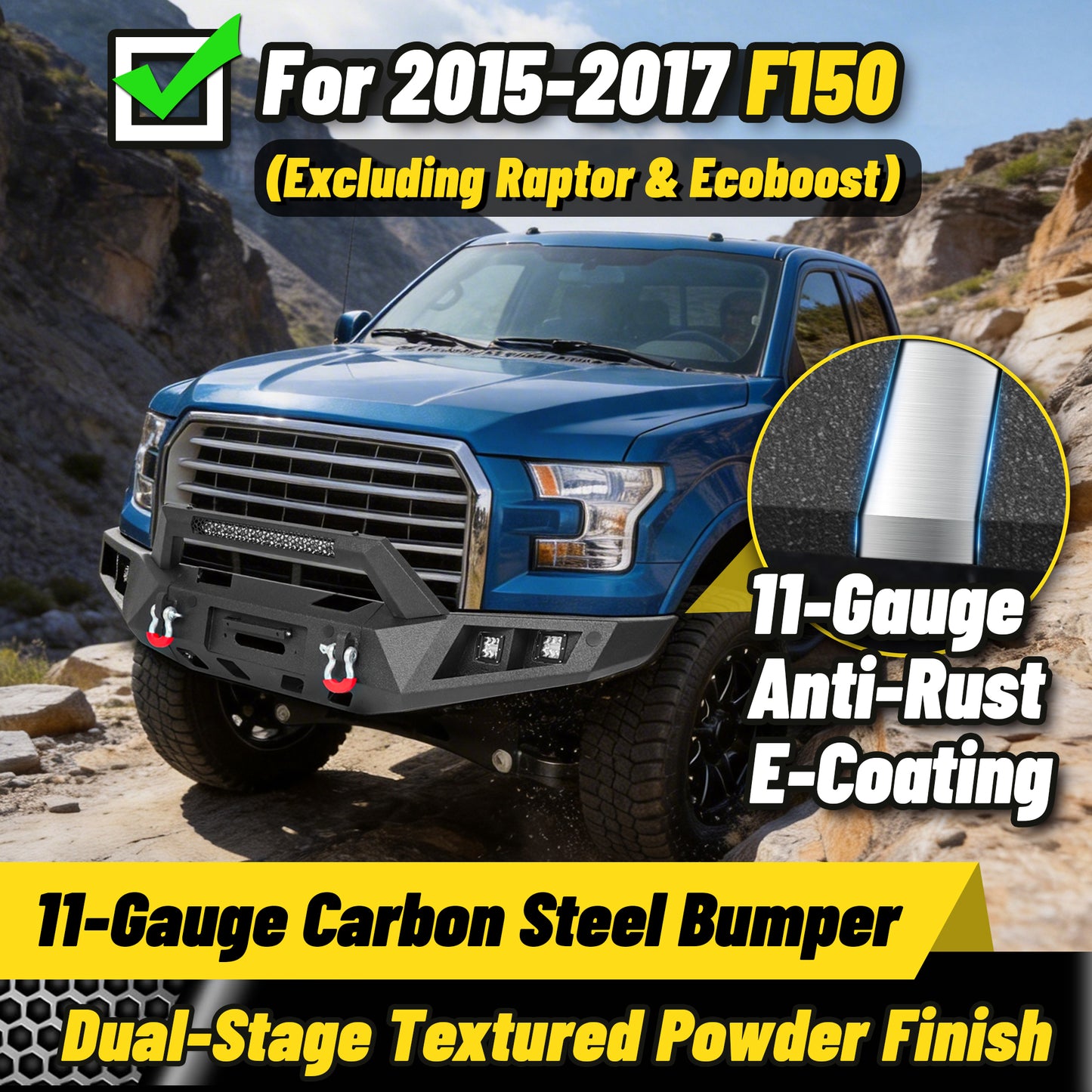 Ford F-150 15-17 (Excl. Raptor & EcoBoost) Front Bumper|Direct Bolt-On, No Drill, Off-Road Armor, LED Light Bar & Winch Plate
