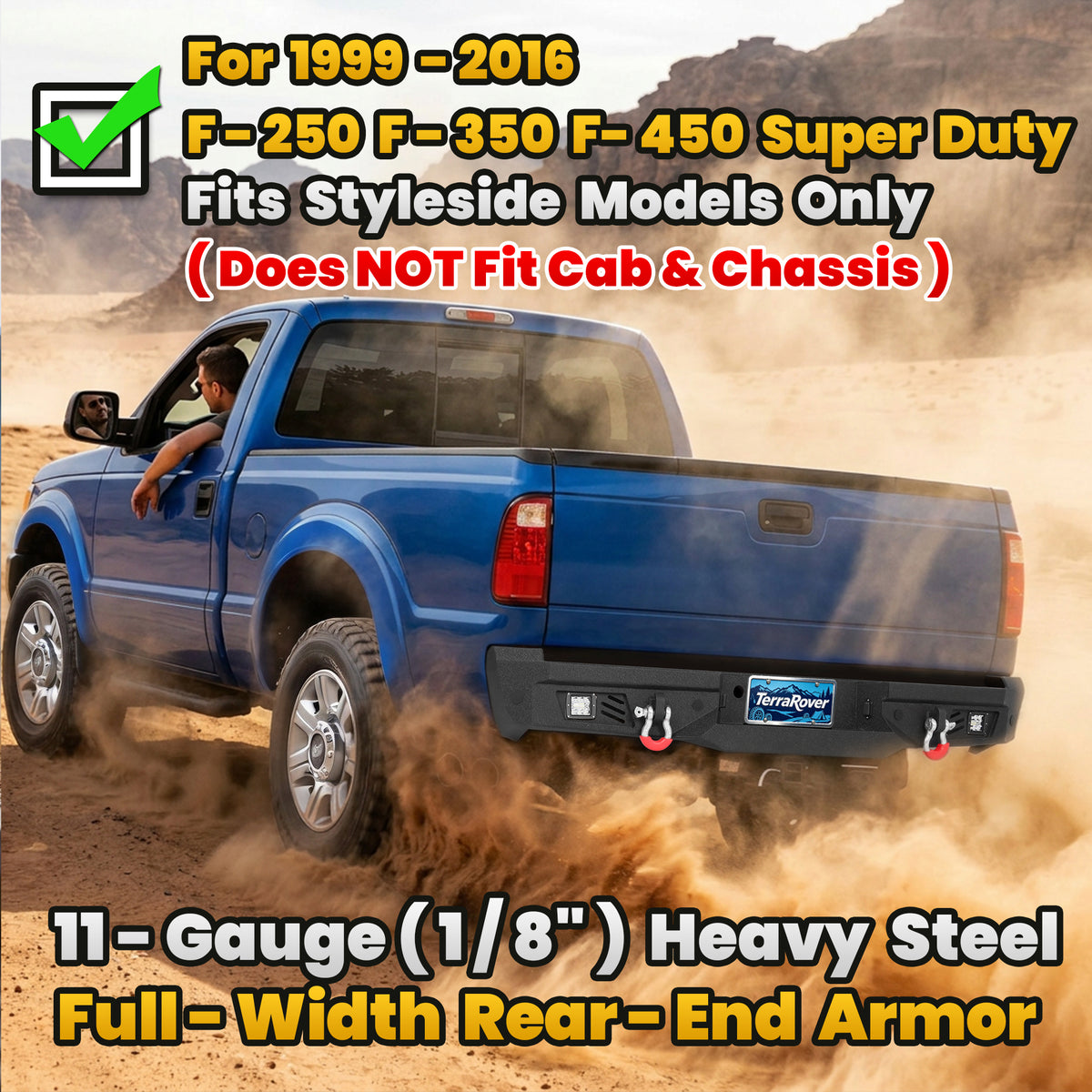 Ford F-150 15-17 (Excl. Raptor & EcoBoost) Rear Bumper|Bolt-On, No Drilling, Steel Work Truck, LED Lights & D-Rings