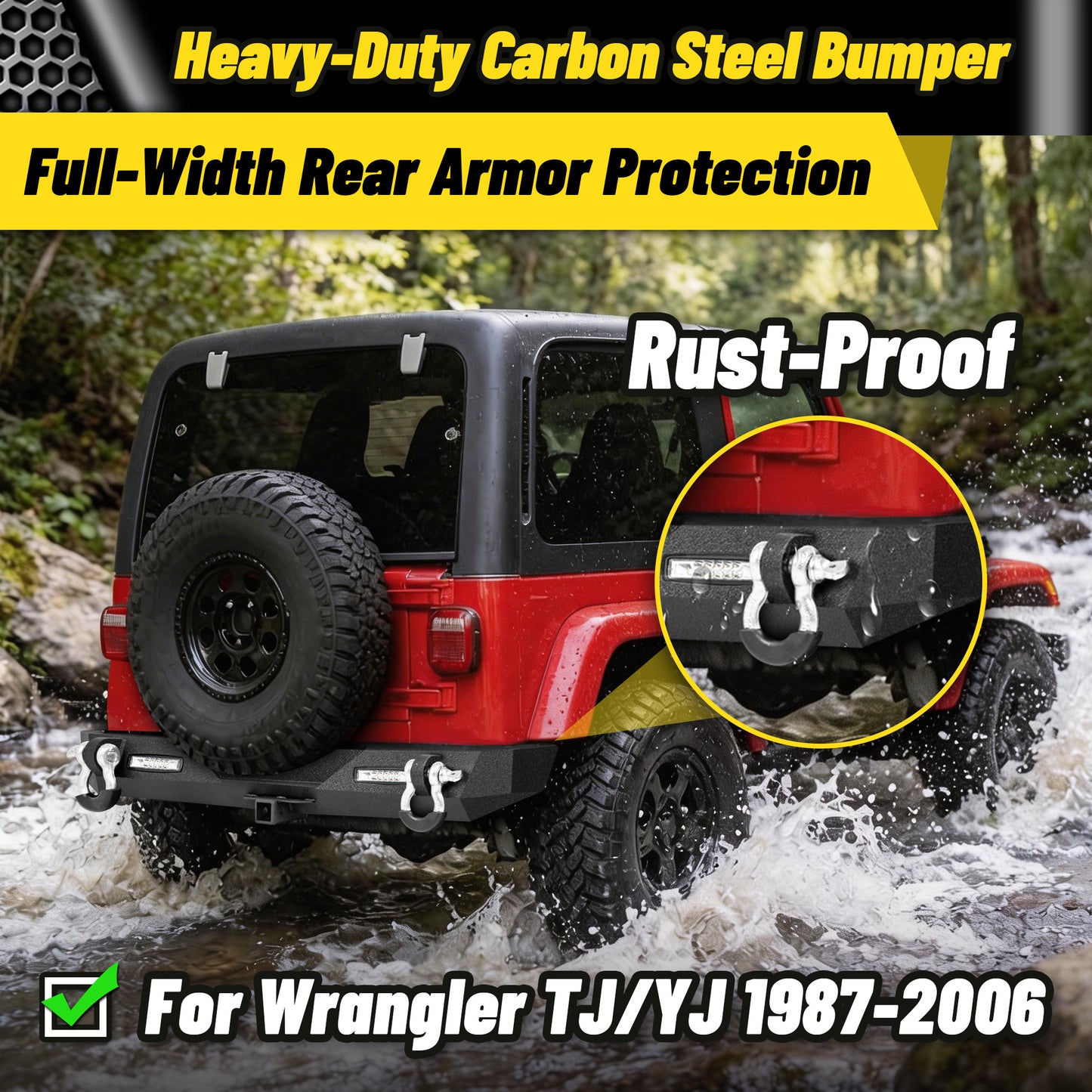 Jeep Wrangler TJ/YJ 87-06 Rear Bumper|Direct Bolt-On, No Drill, Off-Road Adventure Armor, LED Lights & D-rings