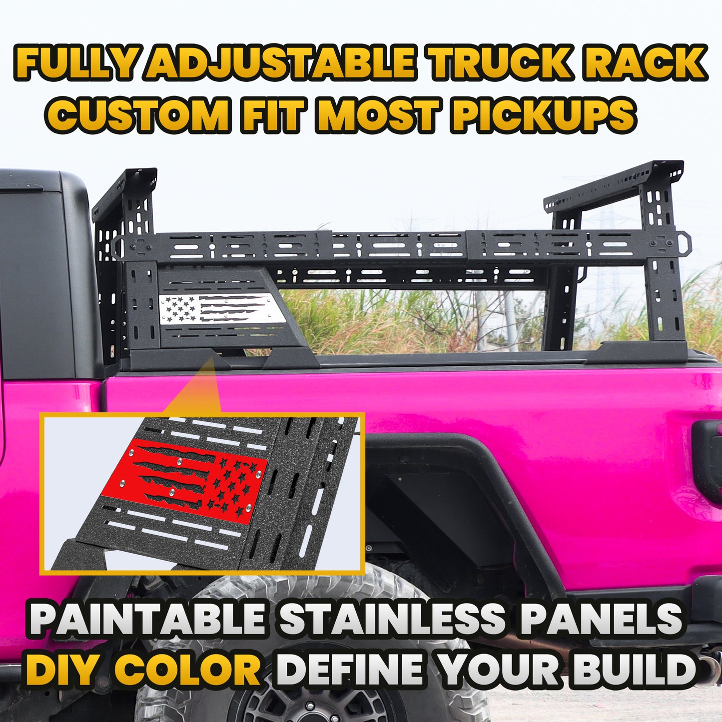 MONOKING 16-25" Mid Height Bed Rack with Sidebars USA Flag for Jeep Gladiator